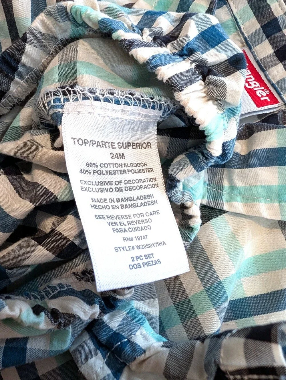 Wrangler Blue Plaid Cotton Woven Collared One-Piece Bodysuit 24M Short Sleeve